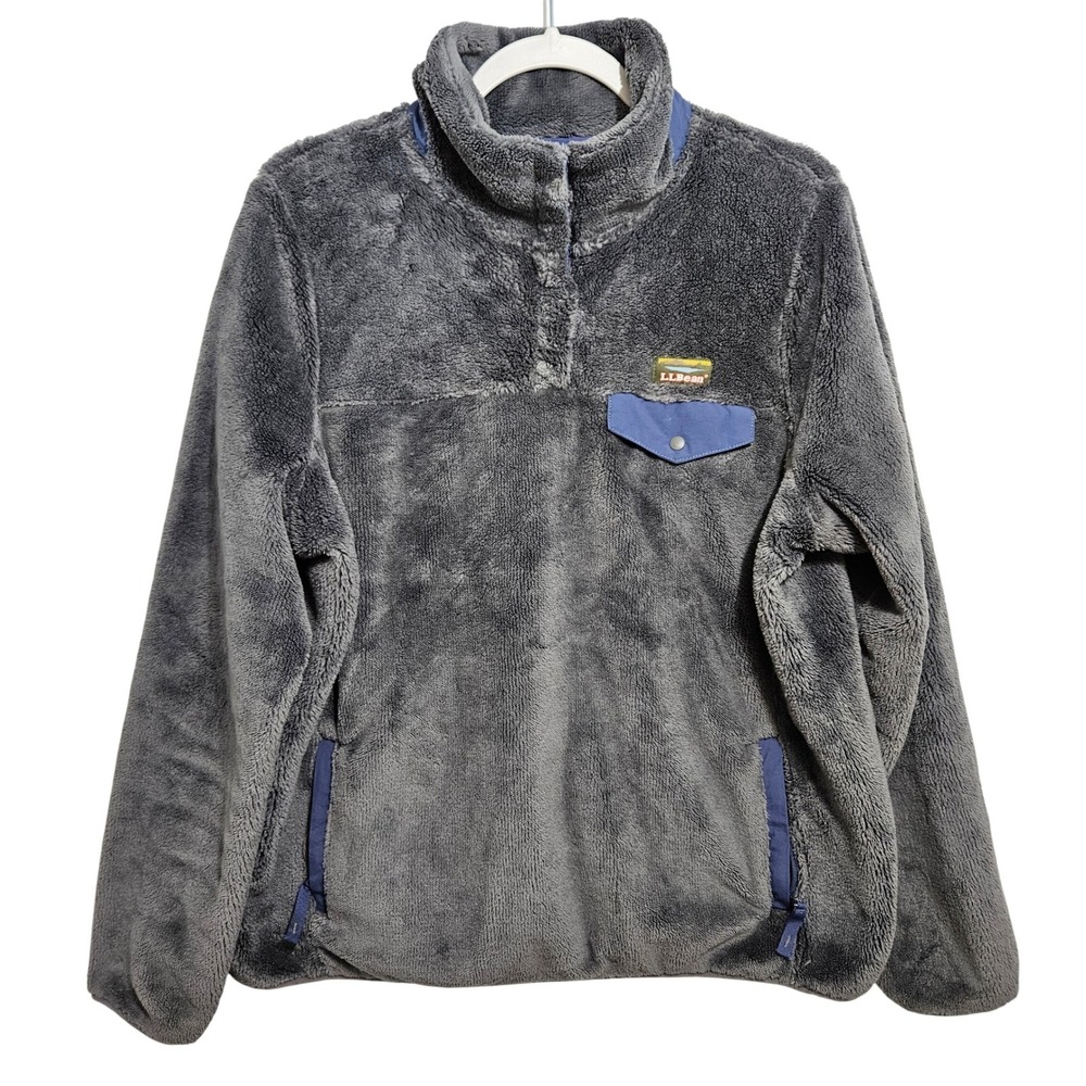 LL Bean Womens Fleece Pullover Jacket T Snap Hi-Pile Gorpcore Zip Pockets Gray L